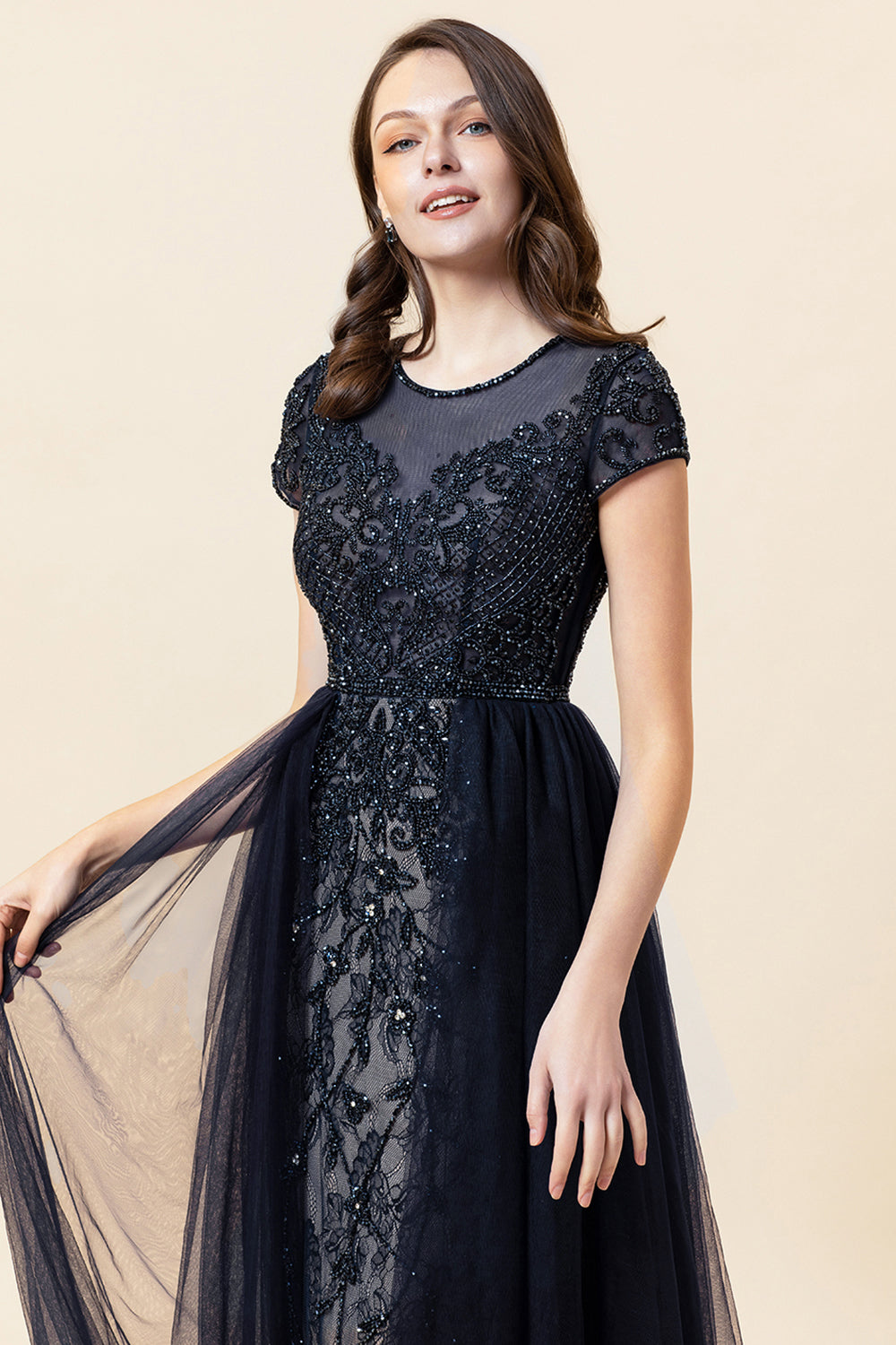 Sparkly Navy Beaded Long Formal Dress