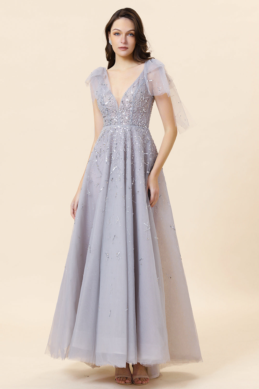 Sparkly Beaded Grey Long Tulle Prom Dress