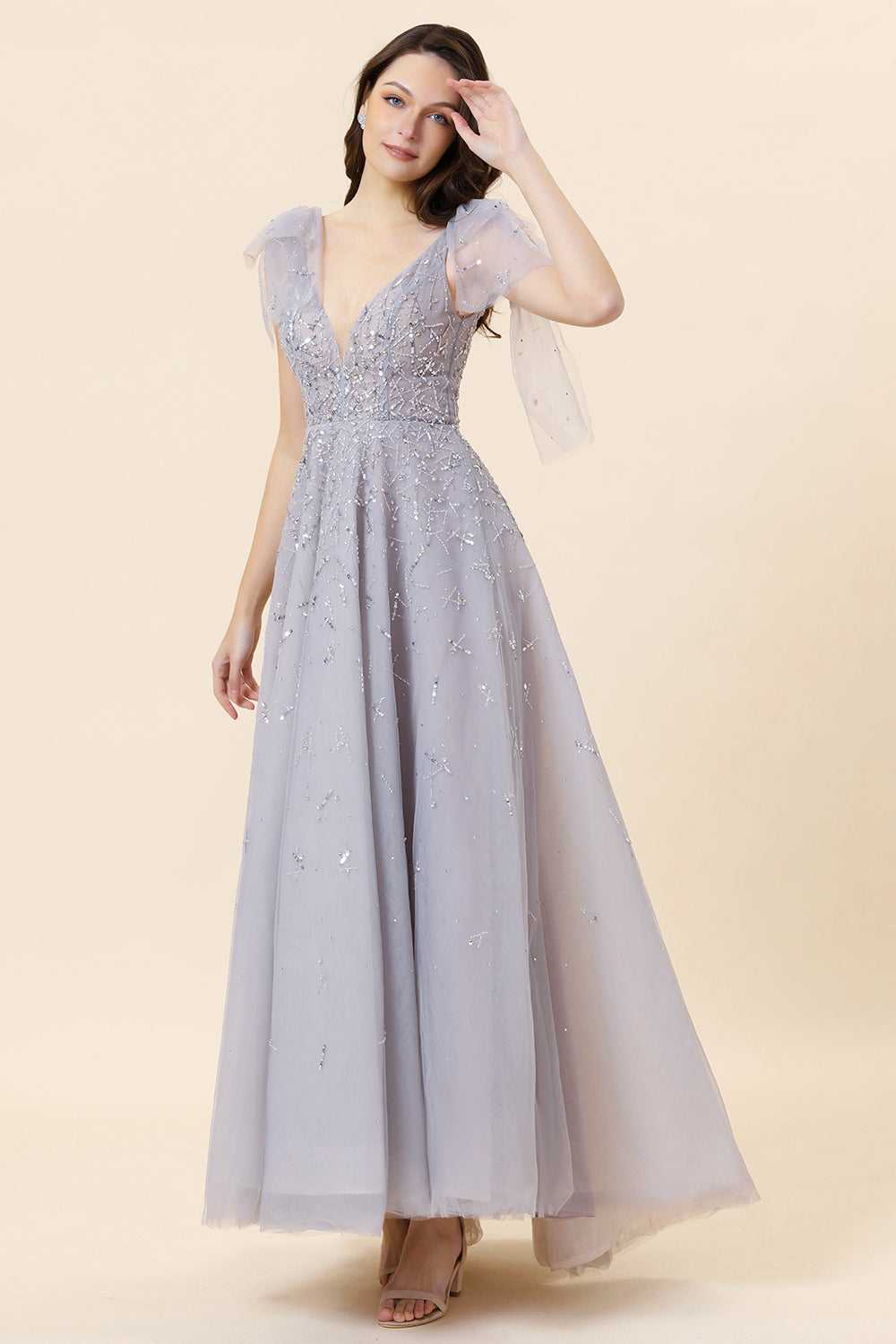 Sparkly Beaded Grey Long Tulle Prom Dress