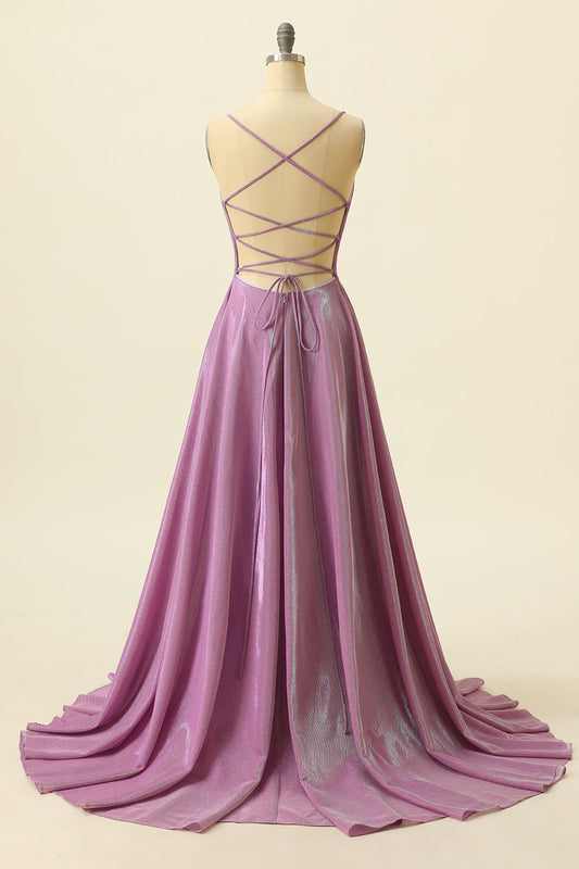 Purple V-neck Sparkly Prom Dress