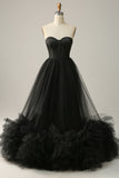 Black Corset Sweetheart Long Prom Dress with Ruffles