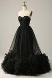 Black Corset Sweetheart Long Prom Dress with Ruffles