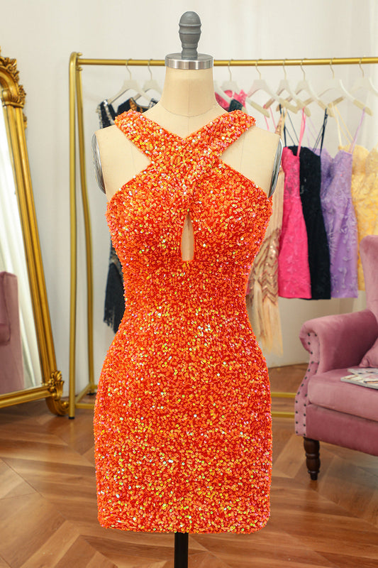 Glitter Orange Halter Backless Sequins Tight Homecoming Dress