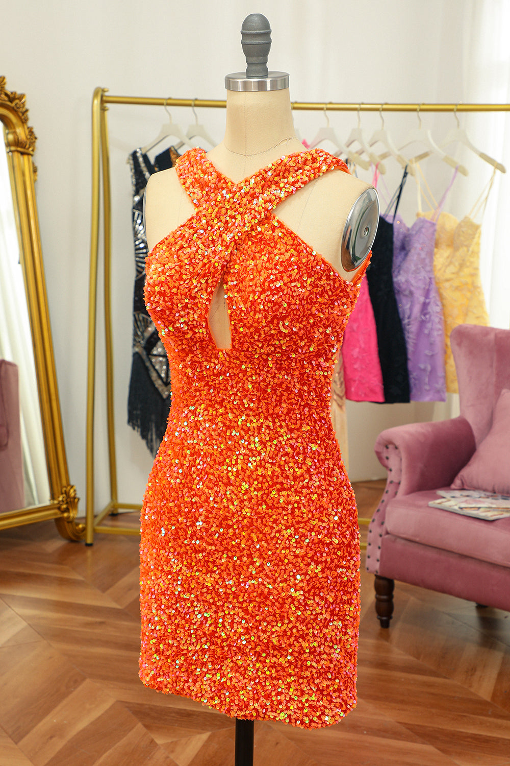 Glitter Orange Halter Backless Sequins Tight Homecoming Dress