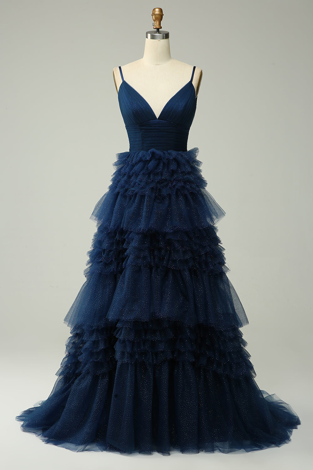 A Line Spaghetti Straps Navy Tiered Prom Dress