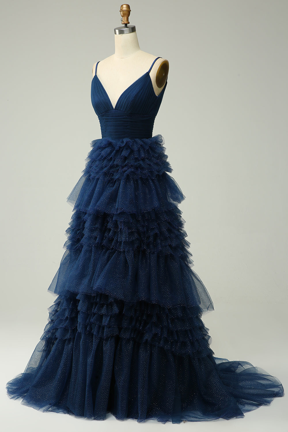 A Line Spaghetti Straps Navy Tiered Prom Dress