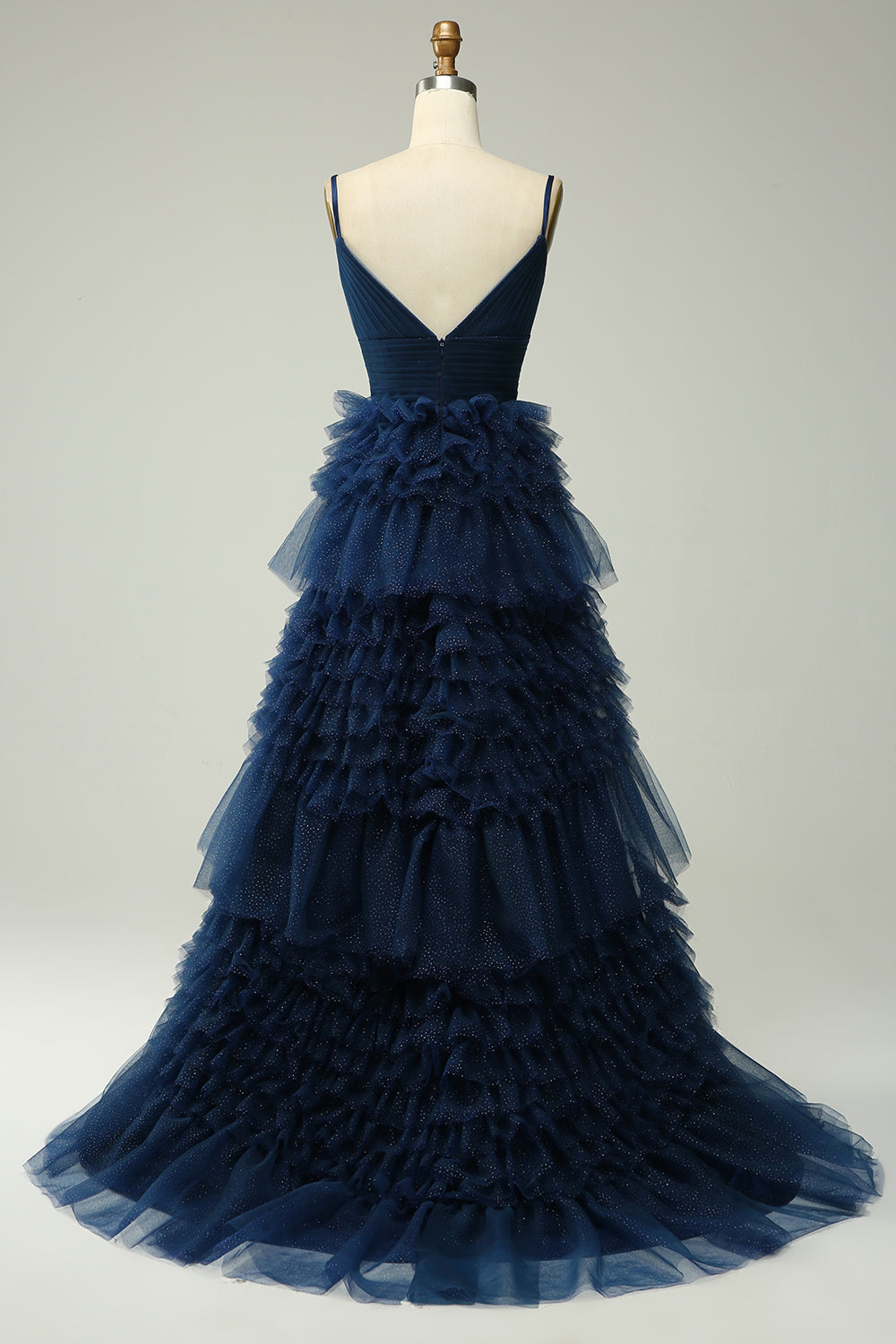 A Line Spaghetti Straps Navy Tiered Prom Dress