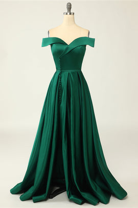 Green Off the Shoulder Satin A-line Prom Dress with Buttons