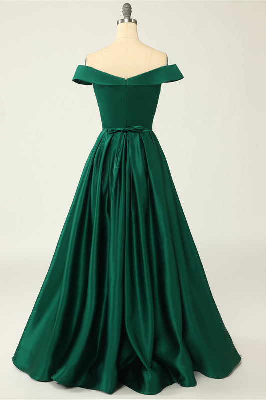 Green Off the Shoulder Satin A-line Prom Dress with Buttons