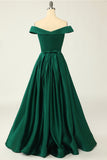Green Off the Shoulder Satin A-line Prom Dress with Buttons