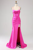 Stunning Mermaid Spaghetti Straps Fuchsia Corset Prom Dress with Split Front