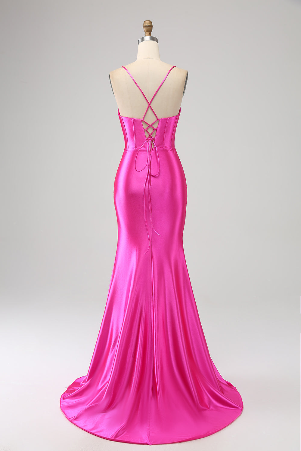 Stunning Mermaid Spaghetti Straps Fuchsia Corset Prom Dress with Split Front