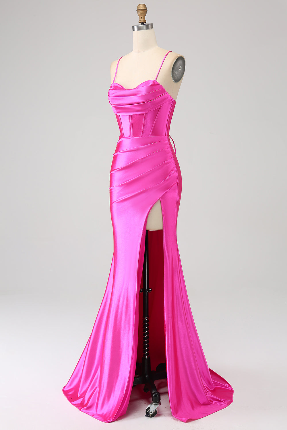 Stunning Mermaid Spaghetti Straps Fuchsia Corset Prom Dress with Split Front