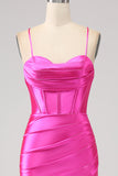 Stunning Mermaid Spaghetti Straps Fuchsia Corset Prom Dress with Split Front