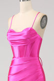 Stunning Mermaid Spaghetti Straps Fuchsia Corset Prom Dress with Split Front