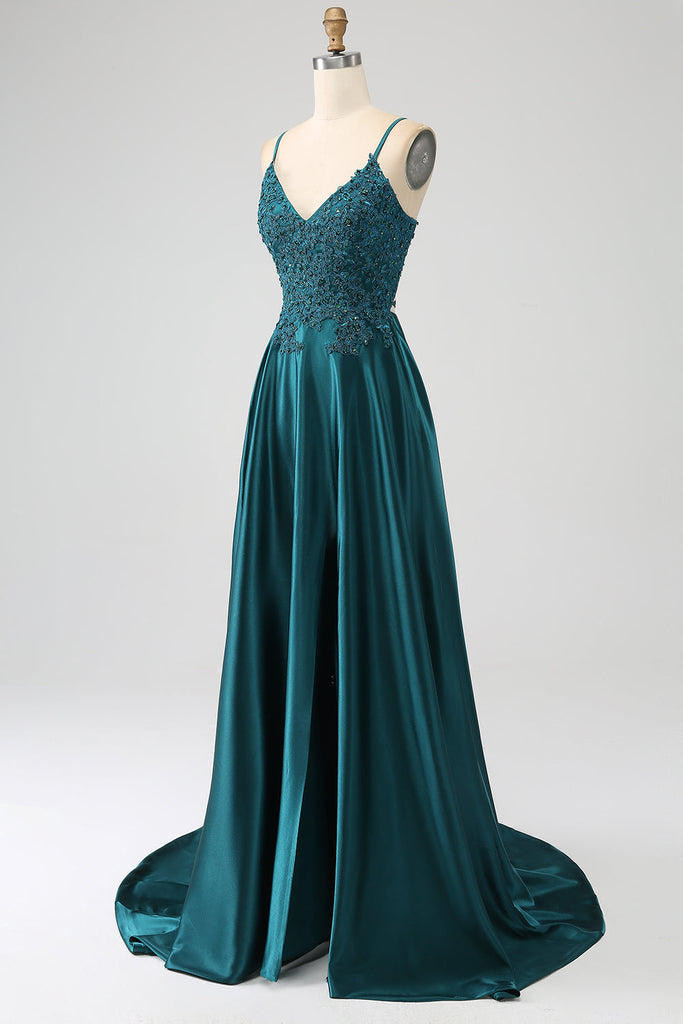 Trendy A Line Spaghetti Straps Peacock Green Long Ball Dress with Appliques main image 0