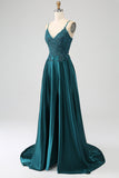 Peacock Green A-Line Spaghetti Straps Long Prom Dress with Slit