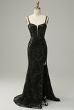 Black Spaghetti Straps Appliques Prom Dress with Slit