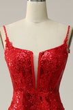 Spaghetti Straps Appliques Red Prom Dress with Slit