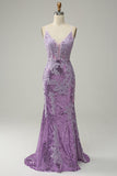 Purple Sequin Mermaid Prom Dress with Appliques