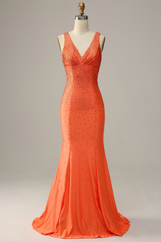 Mermaid Deep V Neck Orange Long Prom Dress with Beading