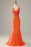 Mermaid Deep V Neck Orange Long Prom Dress with Beading