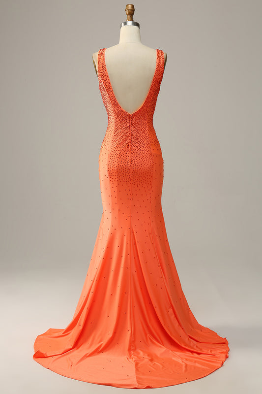 Mermaid Deep V Neck Orange Long Prom Dress with Beading