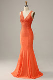 Mermaid Deep V Neck Orange Long Prom Dress with Beading