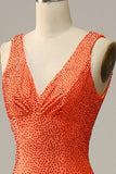 Mermaid Deep V Neck Orange Long Prom Dress with Beading