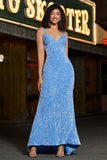 Sparkly Blue Spaghetti Straps Long Mermaid Prom Dress With Sequins