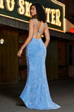 Sparkly Blue Spaghetti Straps Long Mermaid Prom Dress With Sequins