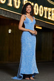 Sparkly Blue Spaghetti Straps Long Mermaid Prom Dress With Sequins