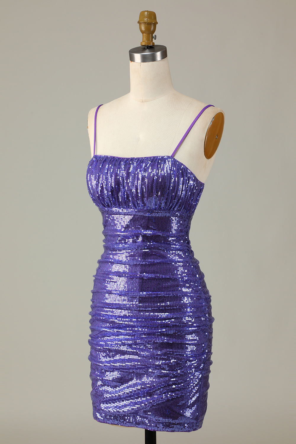 Sparkly Purple Sequins Spaghetti Straps Tight Short Homecoming Dress
