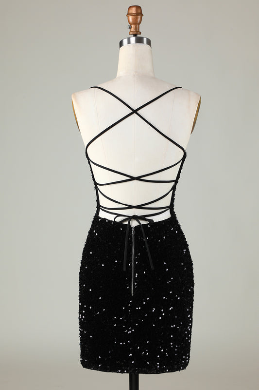 Black Spaghetti Straps Sequin Bodycon Homecoming Dress With Criss Cross Back