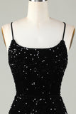 Black Spaghetti Straps Sequin Bodycon Homecoming Dress With Criss Cross Back