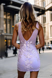 Gorgeous Bodycon Deep V Neck Lilac Short Homecoming Dress with Appliques