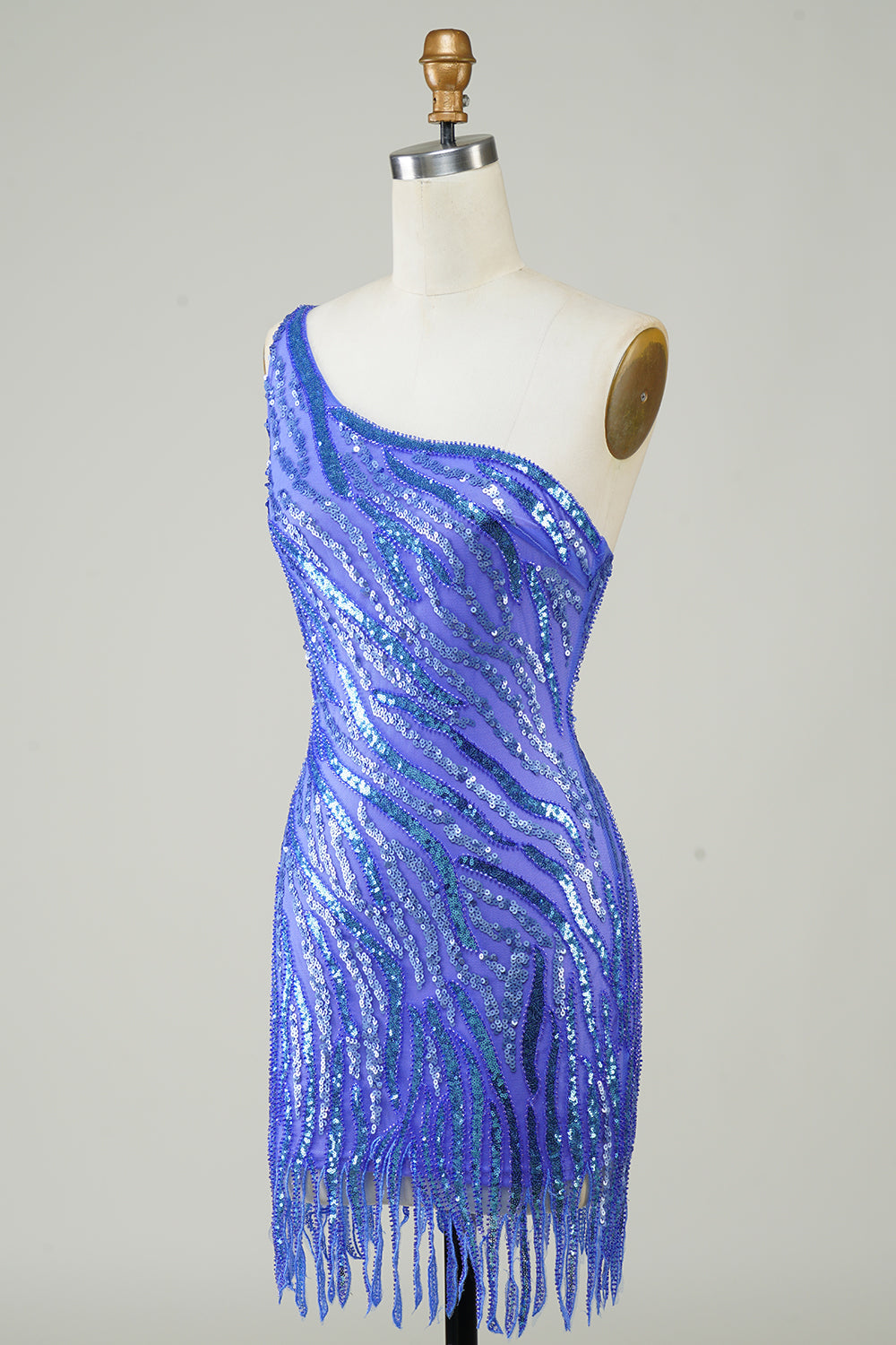 Sheath One Shoulder Blue Sequins Short Homecoming Dress with Tassel