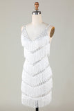 White Bodycon V-Neck Cross Back Tassel Homecoming Dress