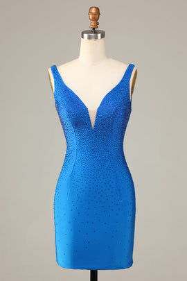 Sheath Deep V Neck Blue Short Homecoming Dress with Beading