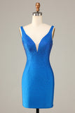 Sheath Deep V Neck Blue Short Homecoming Dress with Beading