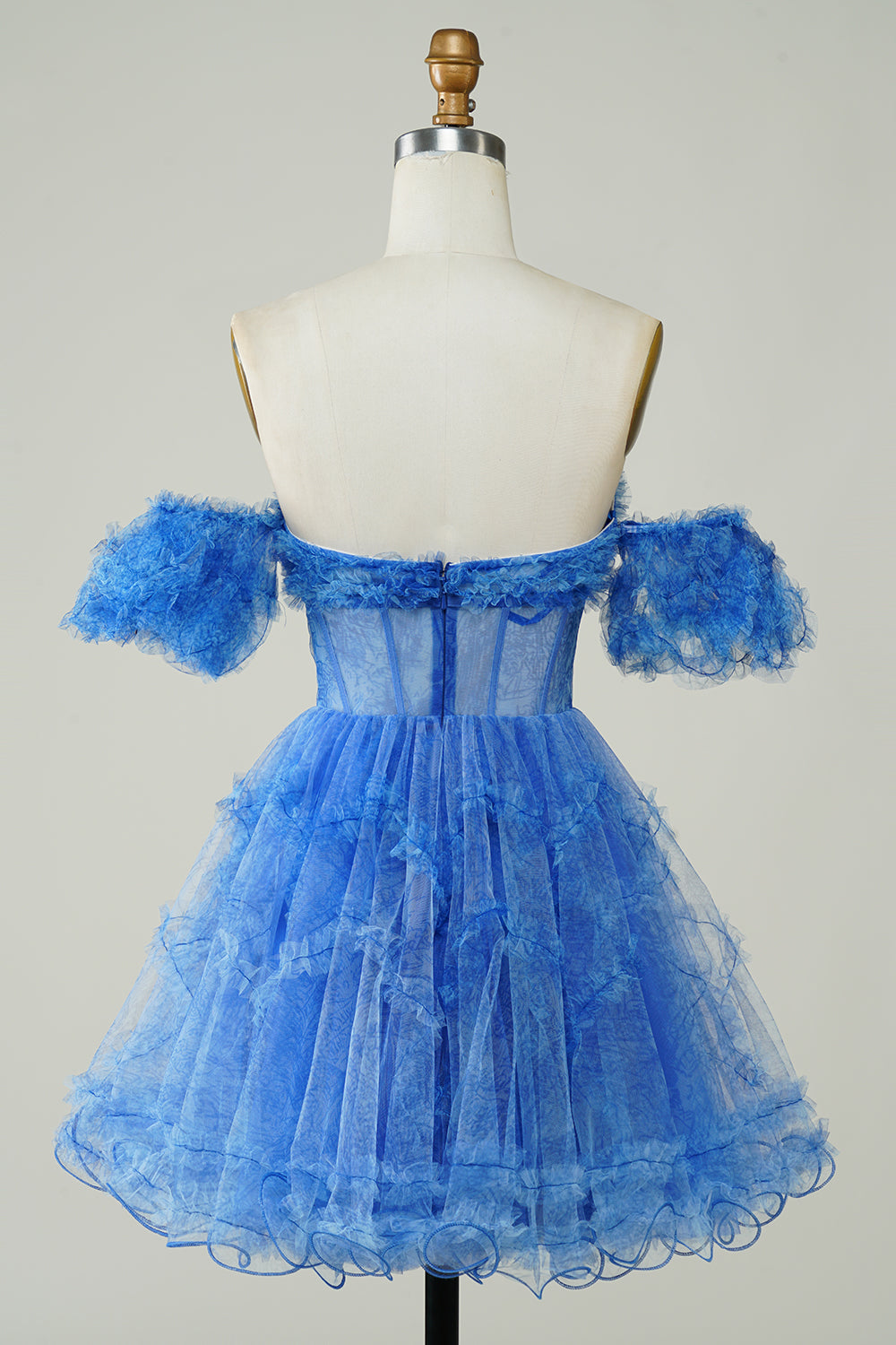 Blue Printed Detachable Sleeves Ruffled Short Homecoming Dress