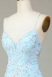 Sparkly Blue Sequins Beaded Flowers Tight Short Homecoming Dress