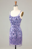 Sparkly Purple Sequins Short Homecoming Dress with Fringes