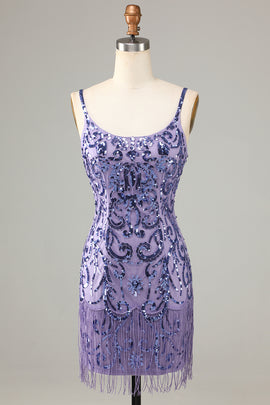 Sparkly Purple Sequins Short Homecoming Dress with Fringes