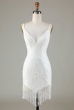Sparkly Bodycon Spaghetti Straps White Lace-Up Back Short Homecoming Dress with Beading