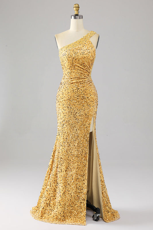 Mermaid Sequins One Shoulder Golden Prom Dress with Slit