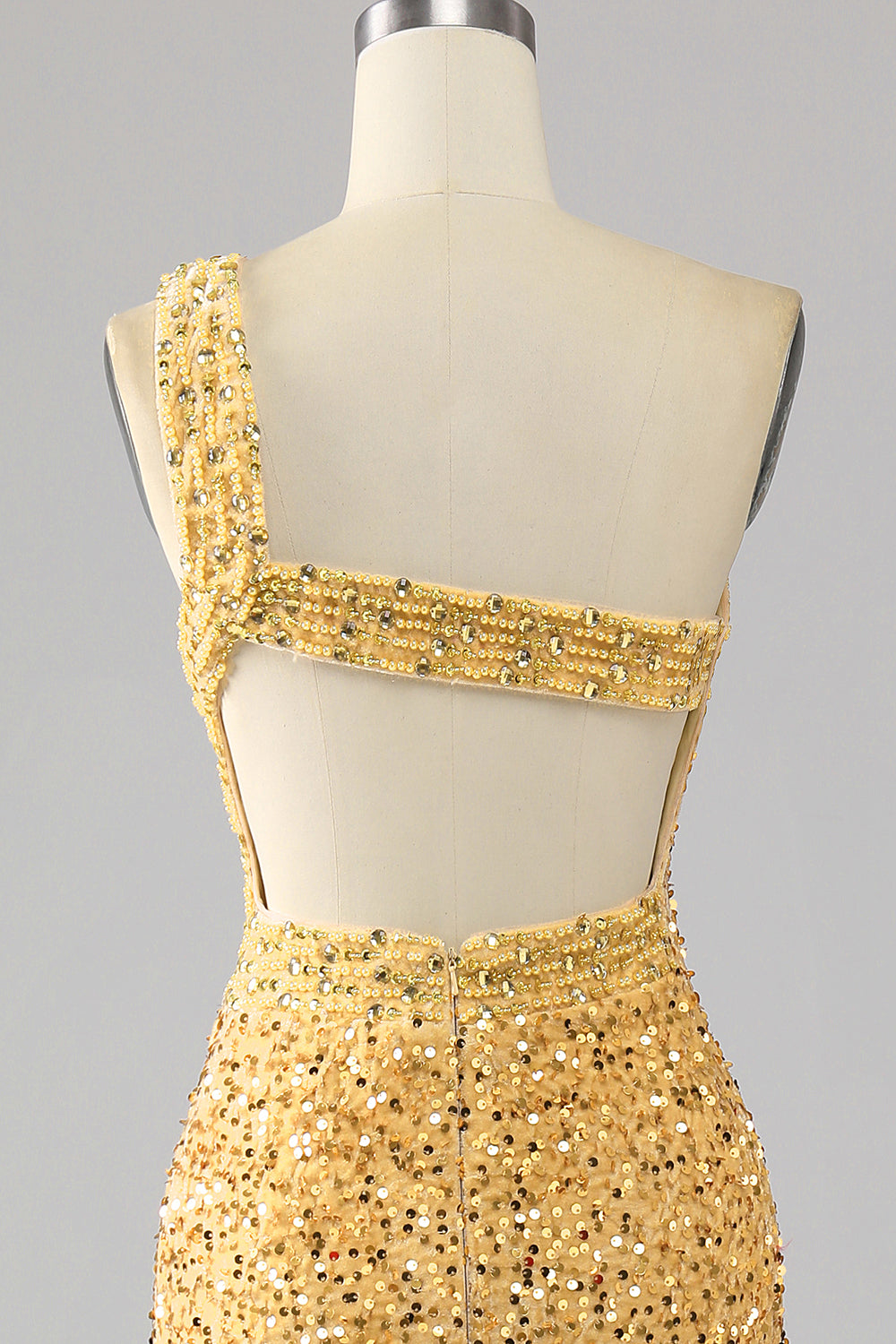 Mermaid Sequins One Shoulder Golden Prom Dress with Slit