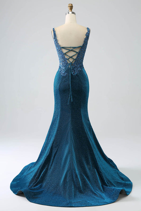 Glitter Dark Blue Mermaid Prom Dress with Beading