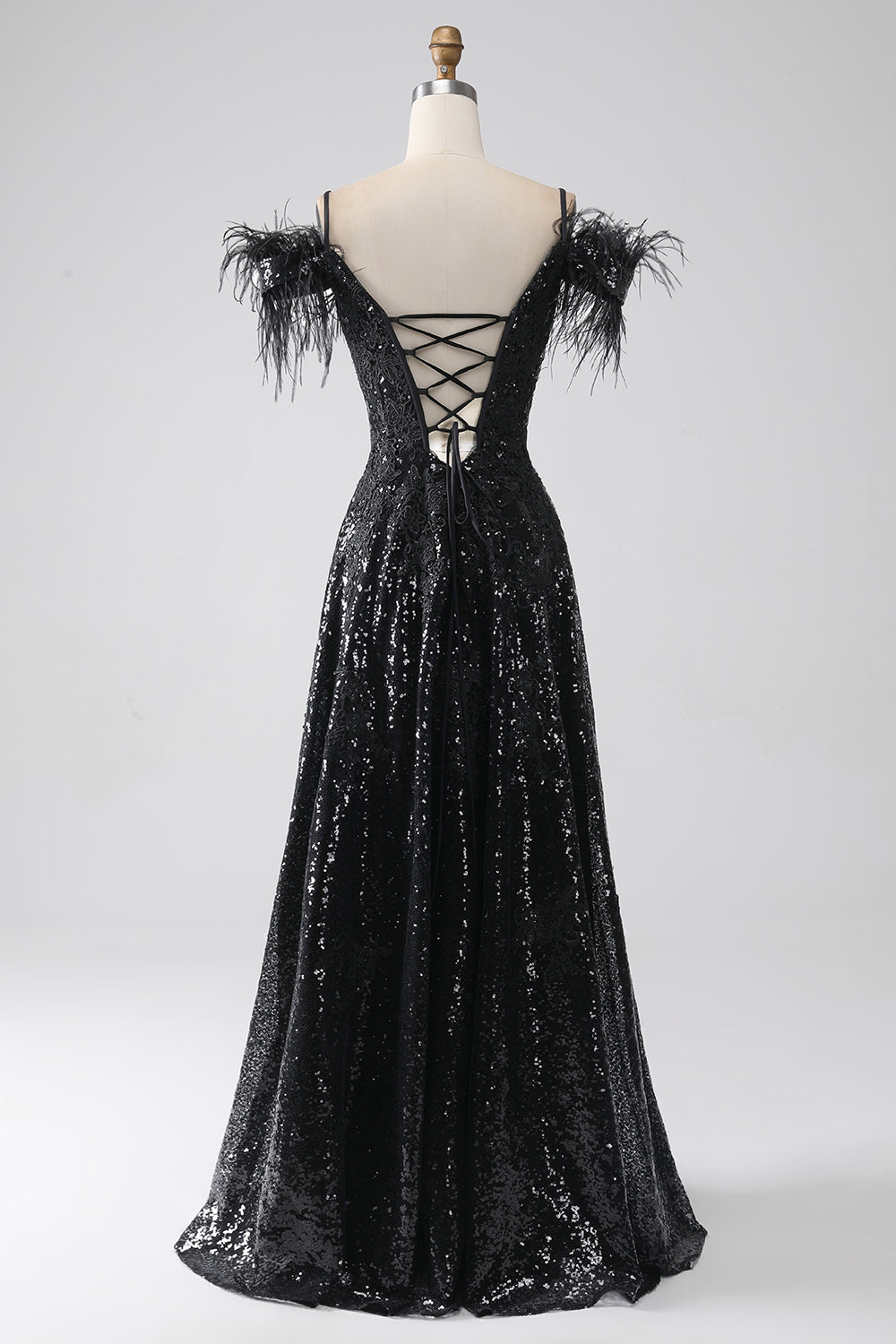 A-Line Cold Shoulder Sequins Long Prom Dress with Slit