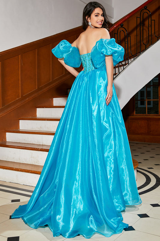 A-Line Blue Corset Prom Dress with Beading